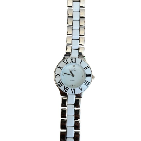 Stone Women's Watch White Silver Link Band 7" Needs battery Tested Working - Picture 1 of 6